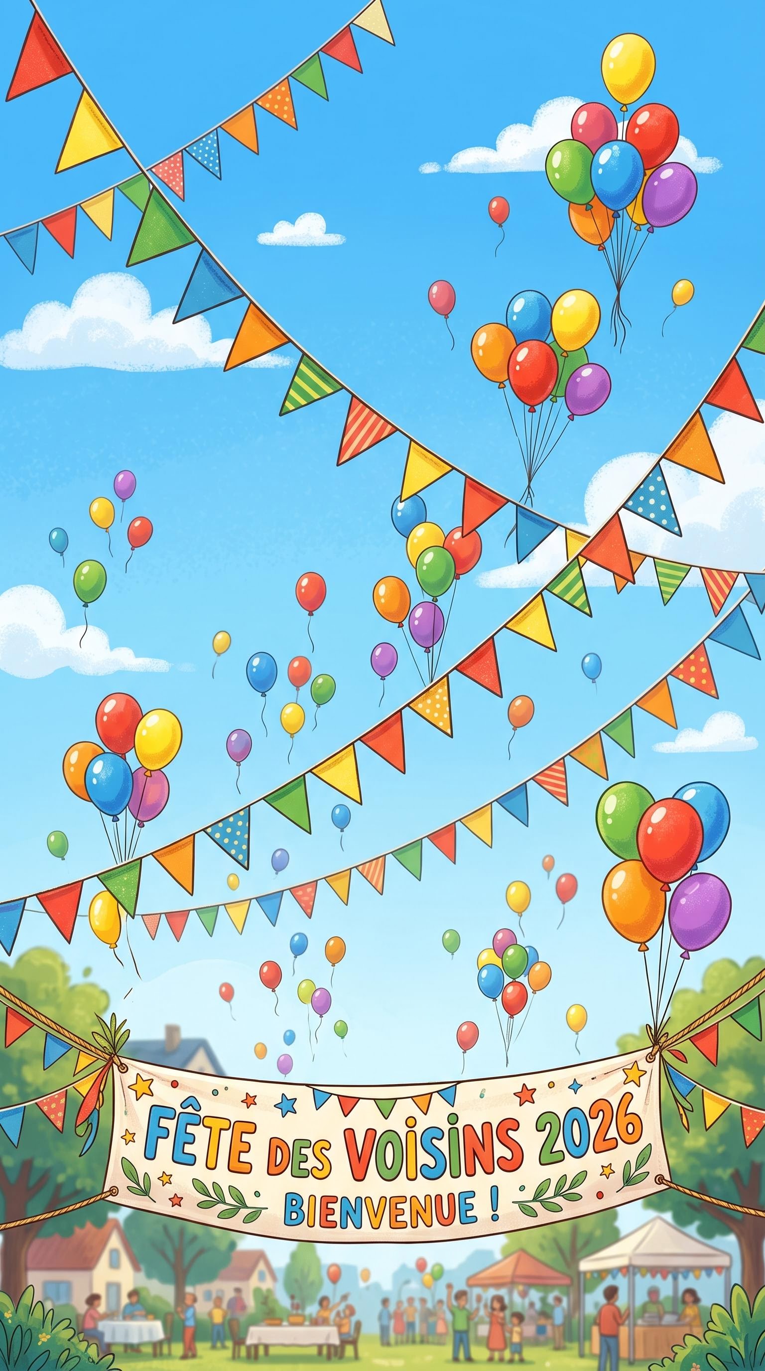Fanions et ballons colorés pour la fête des voisins à animer, généré par IA