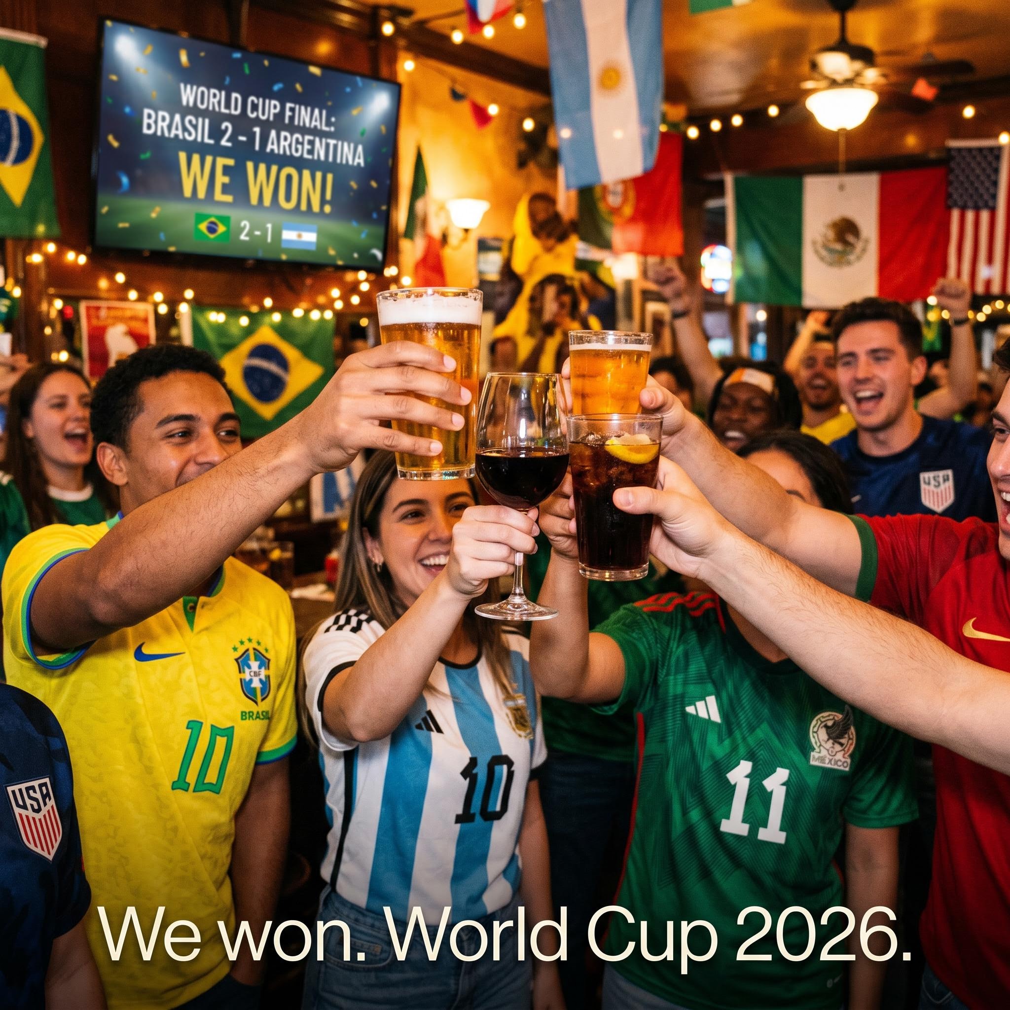 Lifestyle photo of fans toasting after a World Cup match, AI generated