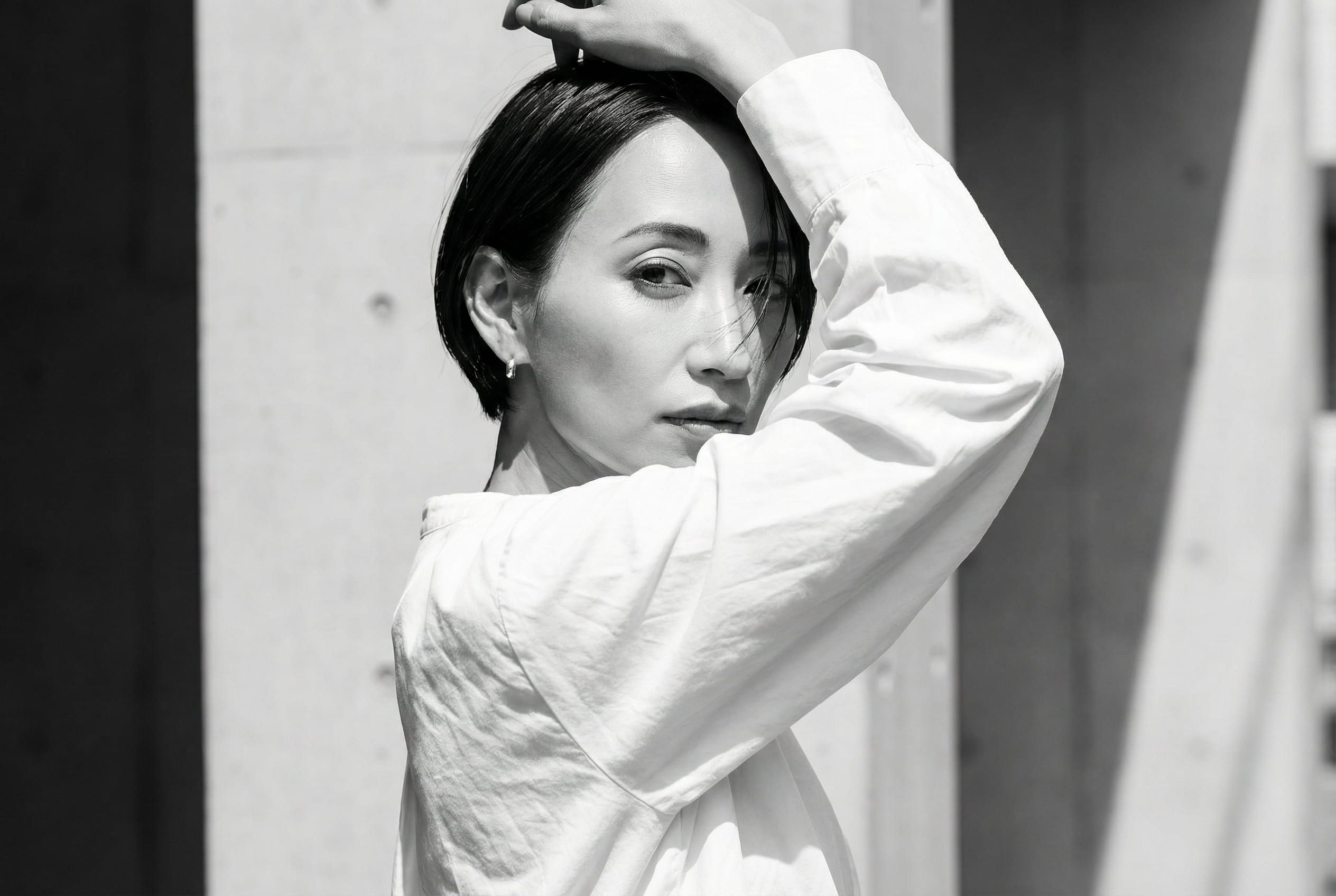 High-fashion black and white editorial portrait