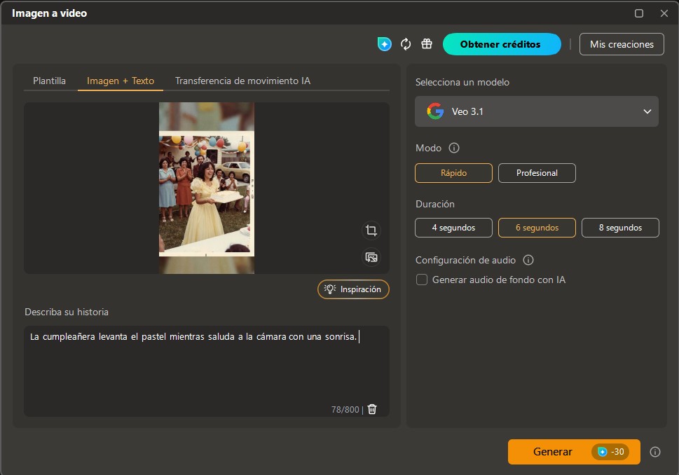 Interfaz de la función de Imagen a Video de PhotoDirector para crear GIF de feliz cumpleaños
