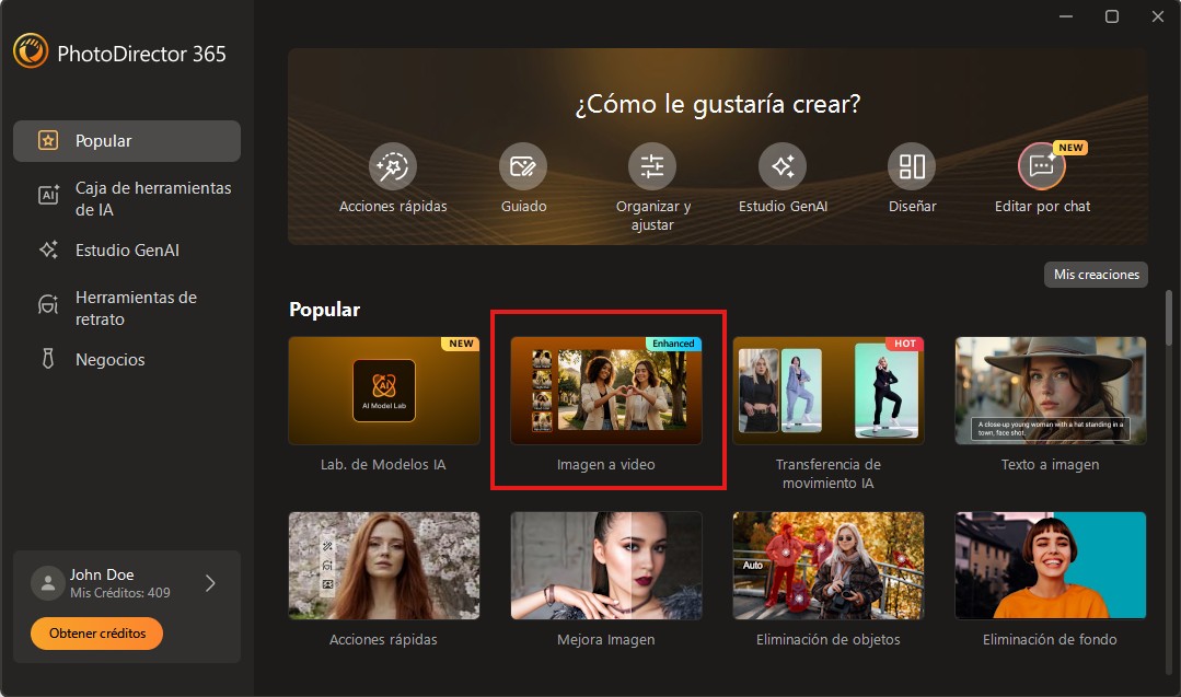 Interfaz de la Caja de herramientas IA de PhotoDirector