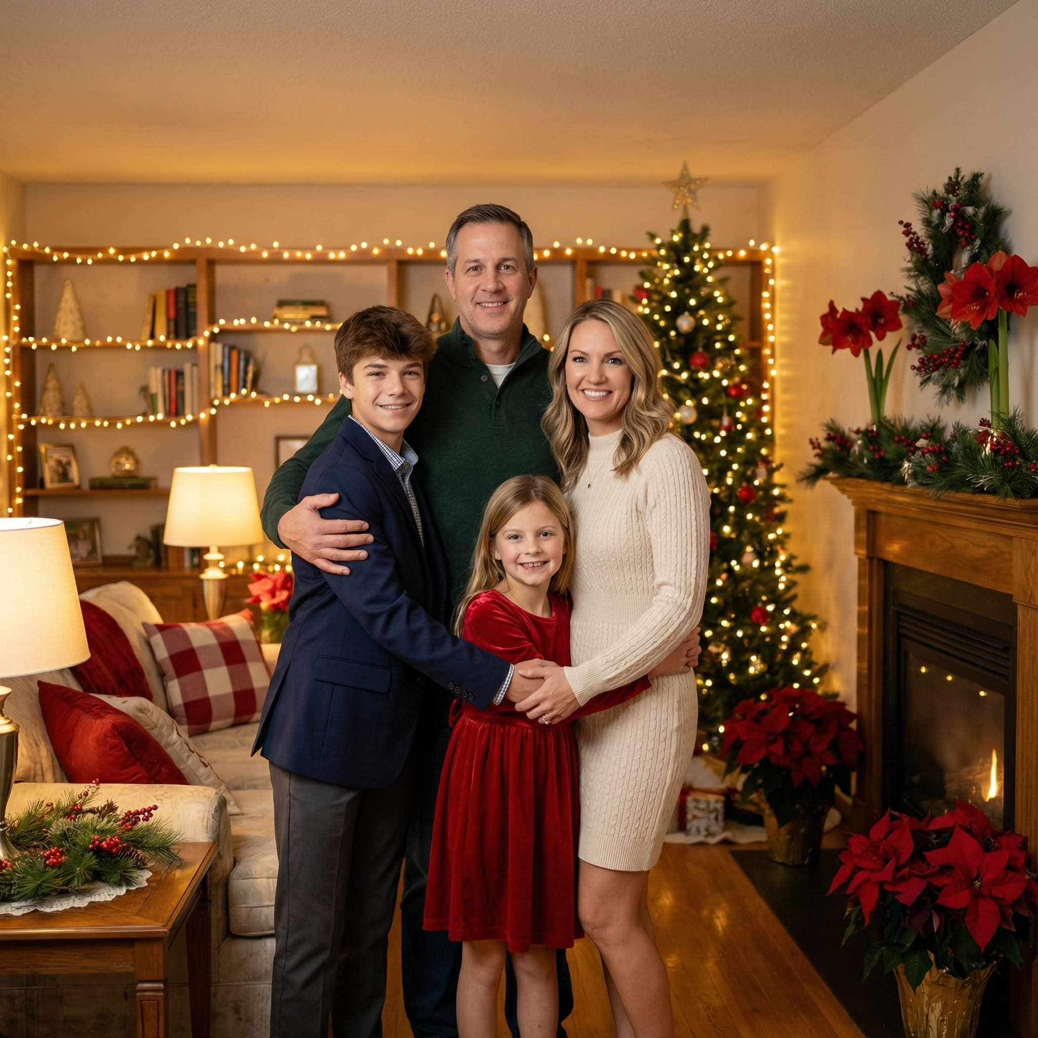 AI-generated festive home setting family portrait