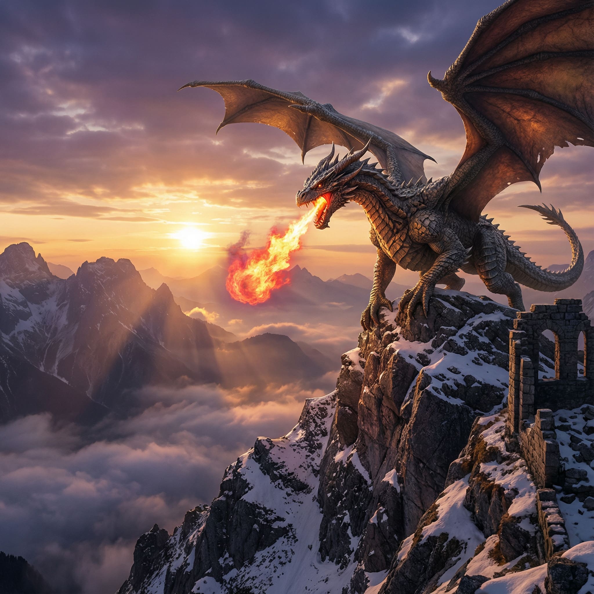 Fire-breathing dragon on cliff AI-generated illustration