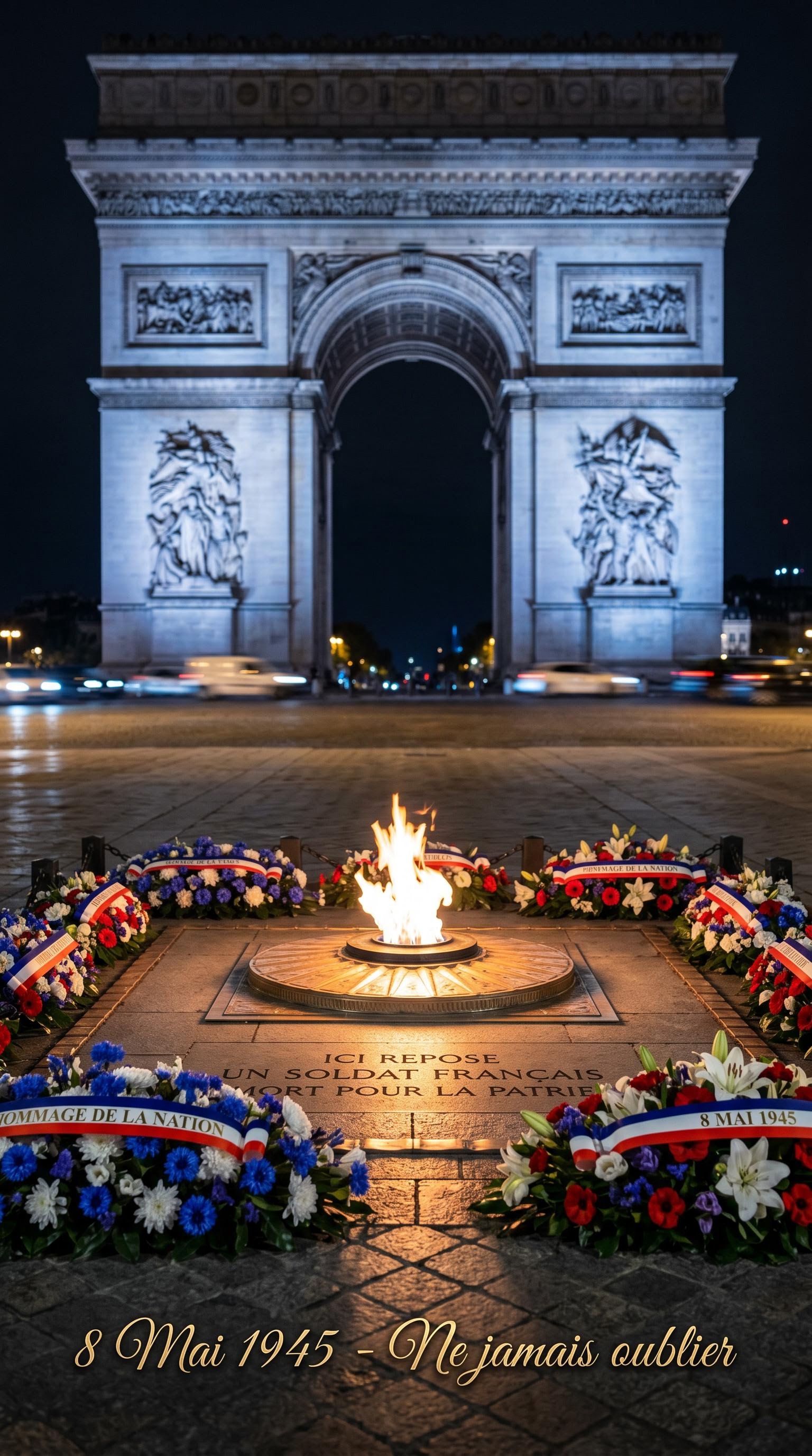 Flamme du souvenir sous l'Arc de Triomphe pour le 8 mai, générée par IA