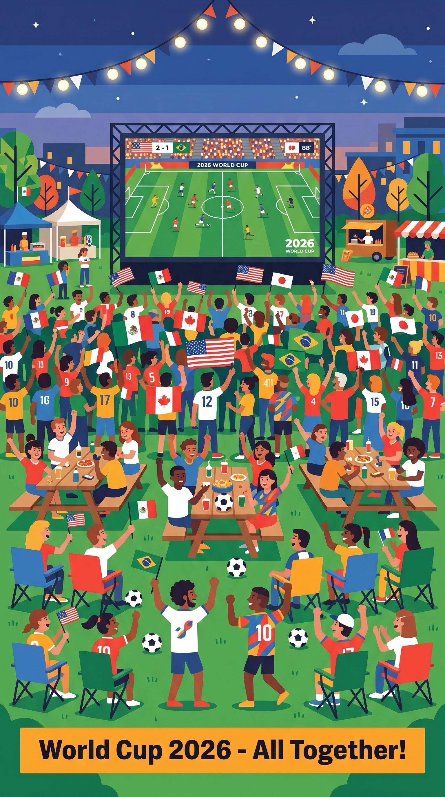 Flat design illustration of a neighborhood fan zone for the World Cup, AI generated