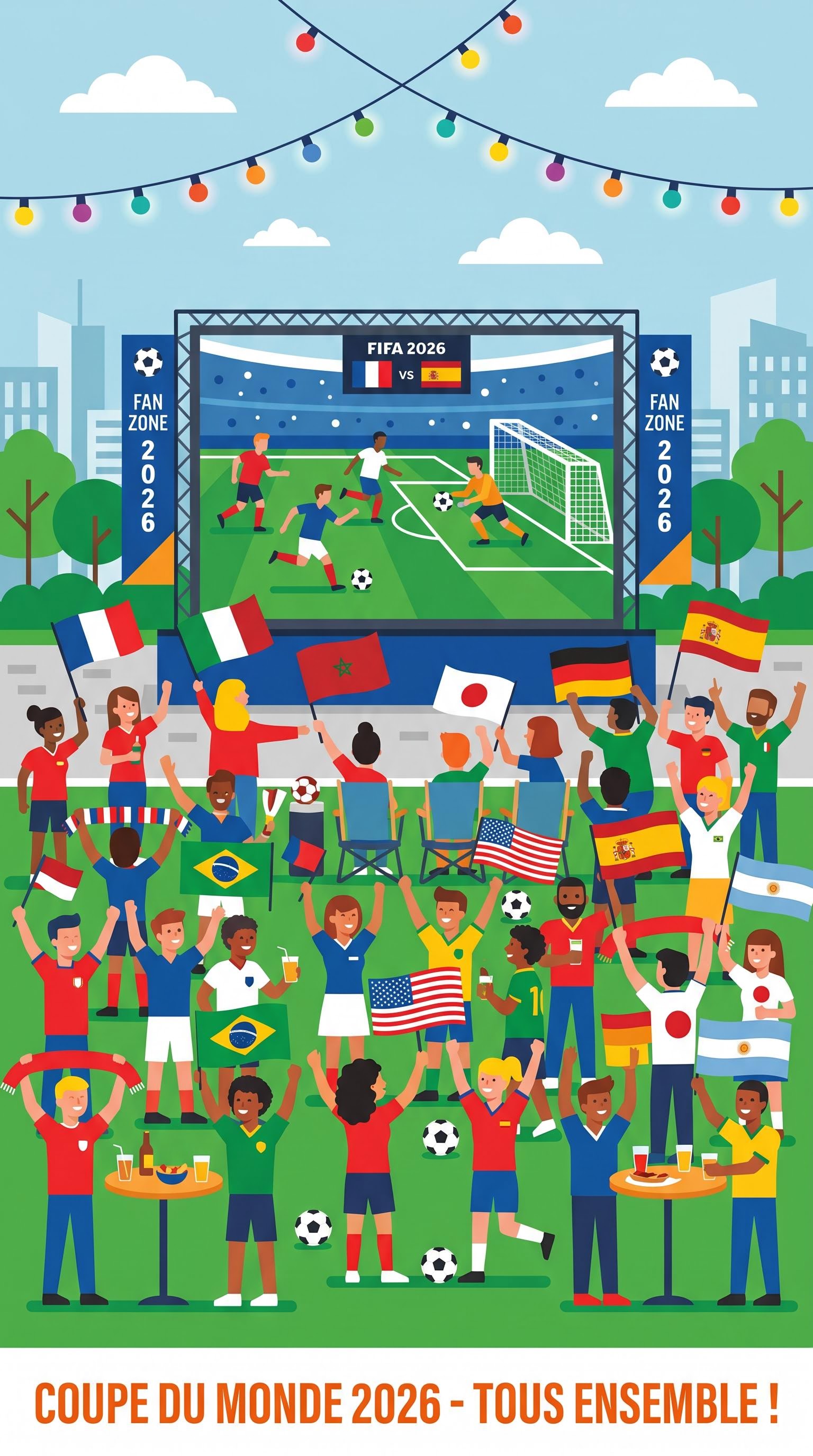 Illustration flat design d'une fan-zone de quartier pour la coupe du monde, générée par IA
