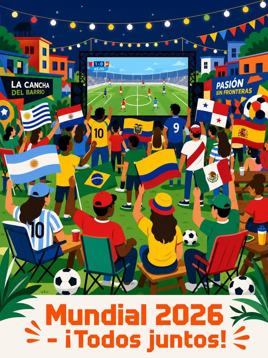 Ilustración flat design de una fan zone de barrio para el Mundial 2026, generada con IA