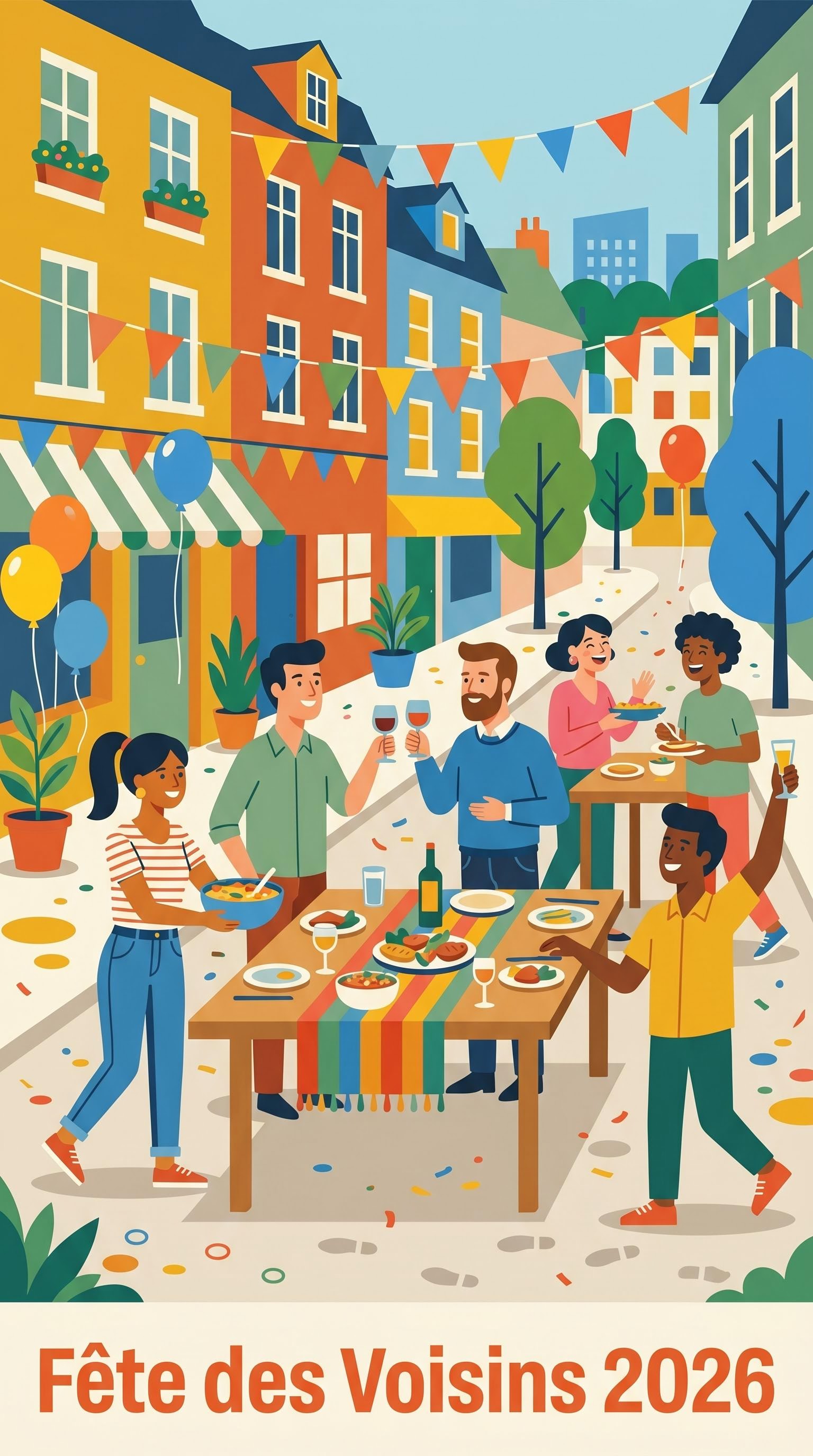 Illustration flat design d'une rue de quartier animée pour la fête des voisins, générée par IA