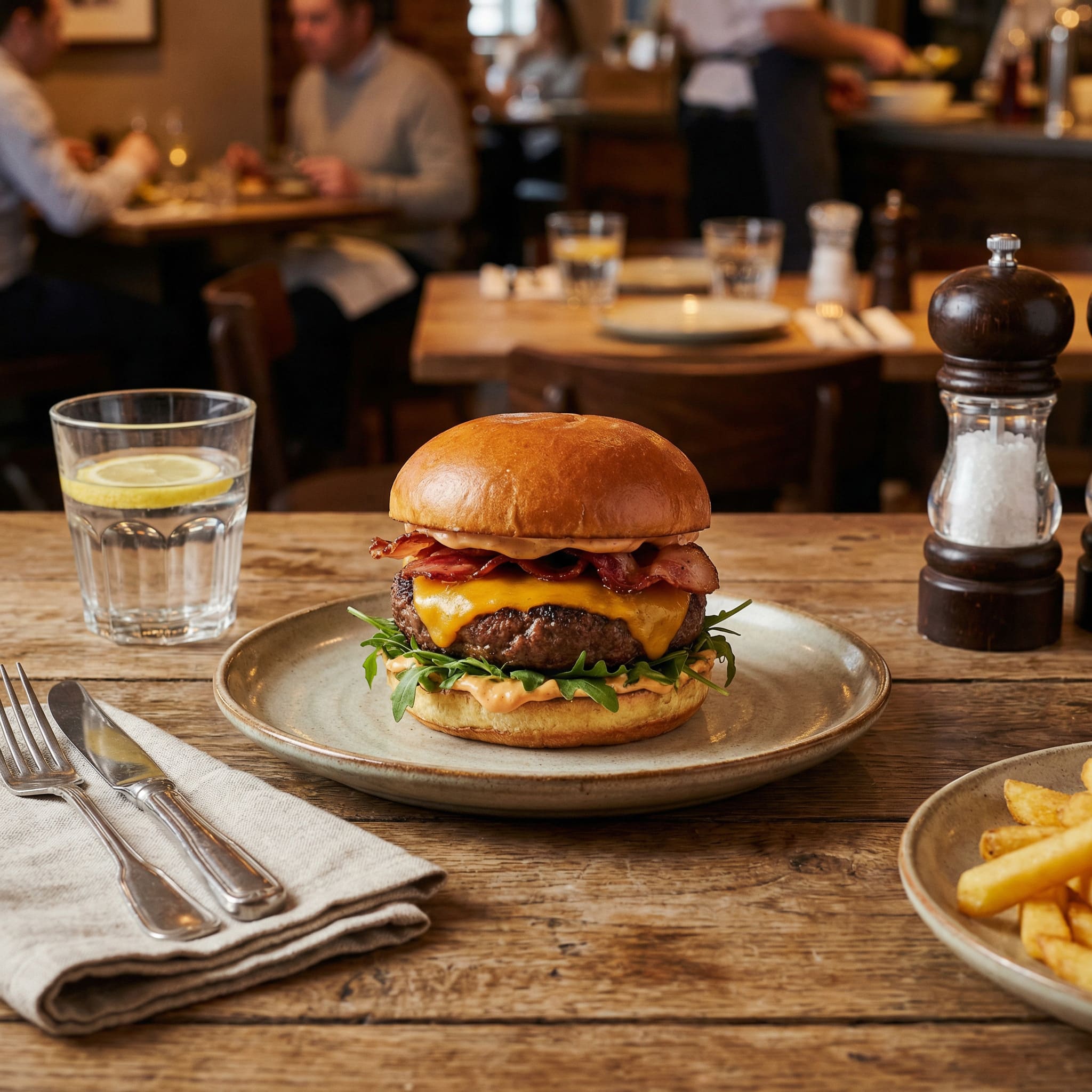 Food photo before AI background removal, showing a dish on a table with distracting cutlery and background elements