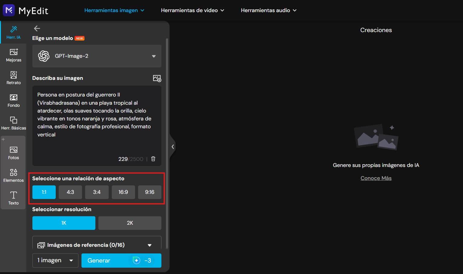 Selección de formato vertical en MyEdit para crear imágenes de yoga para redes sociales