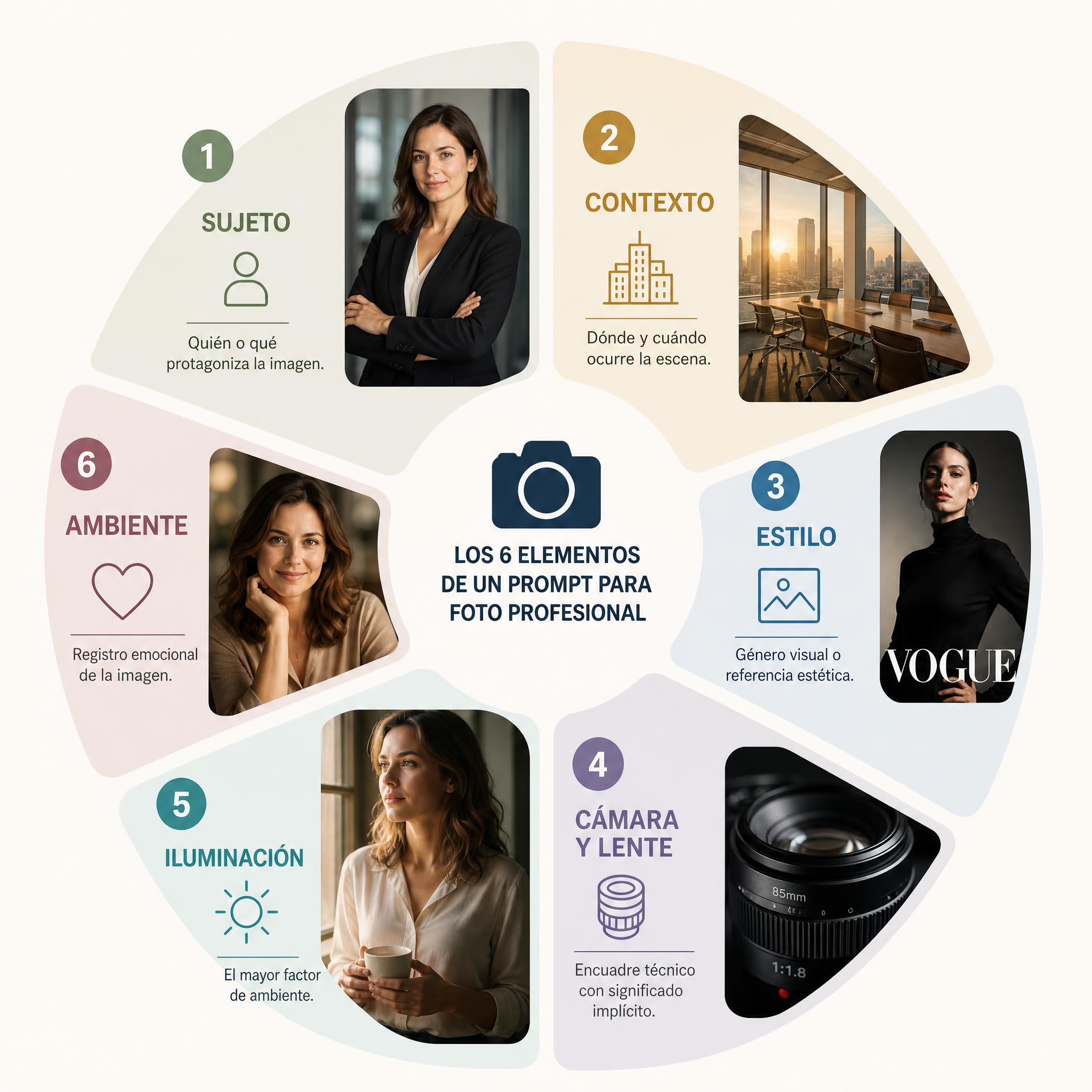 Infografía de los 6 elementos de un prompt para foto con IA