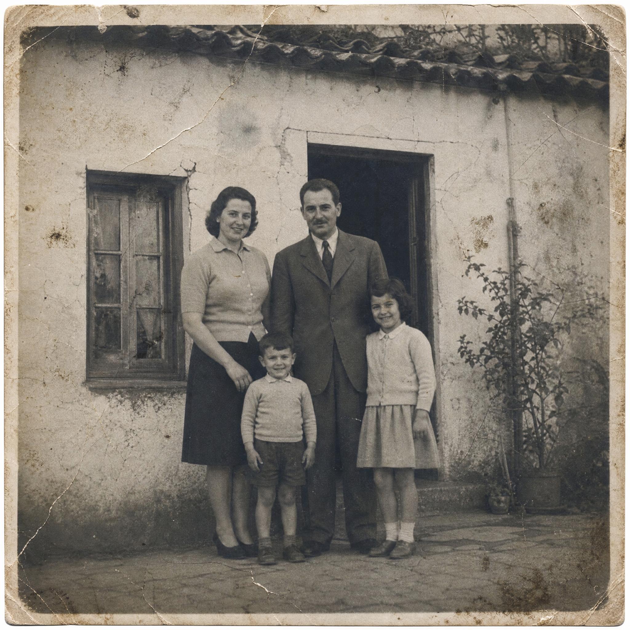 Foto familiar antigua en blanco y negro con grietas y manchas, antes de aplicar el prompt de restauración en Grok