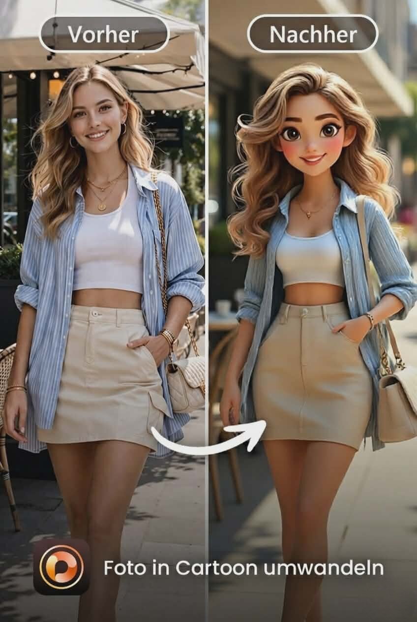 Vorher-Nachher-Vergleich: Foto in Cartoon umwandeln. Links ein realistisches Foto einer lächelnden Frau mit blonden Haaren in einem sommerlichen Outfit (hellblaue gestreifte Bluse, weißes Crop-Top). Rechts die stilisierte Version als Cartoon-Figur im 3D-Animationsstil mit großen Augen vor einem Café-Hintergrund.