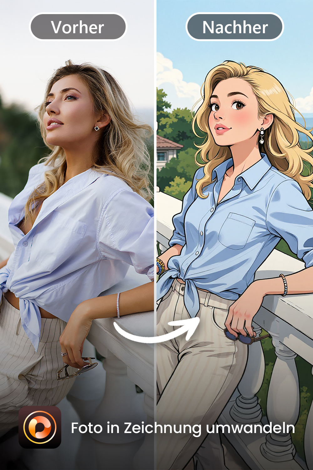 Vorher-Nachher-Vergleich: Foto in Zeichnung umwandeln. Links ein realistisches Porträt einer Frau mit blonden Haaren in einer hellblauen Bluse, rechts die KI-generierte Umwandlung im Comic- oder Anime-Stil vor einem sommerlichen Hintergrund.