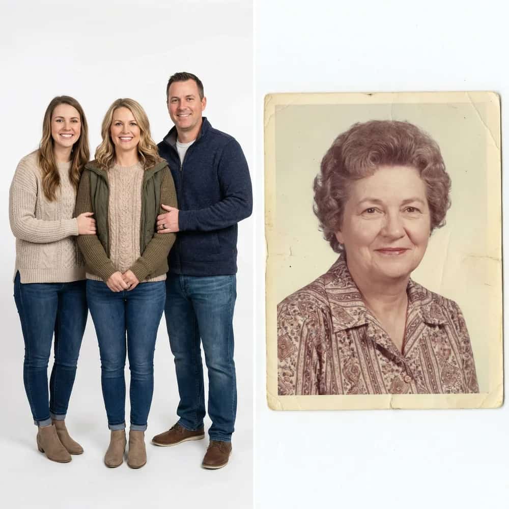 Foto familiar actual y foto antigua de mamá fallecida antes del tributo con IA