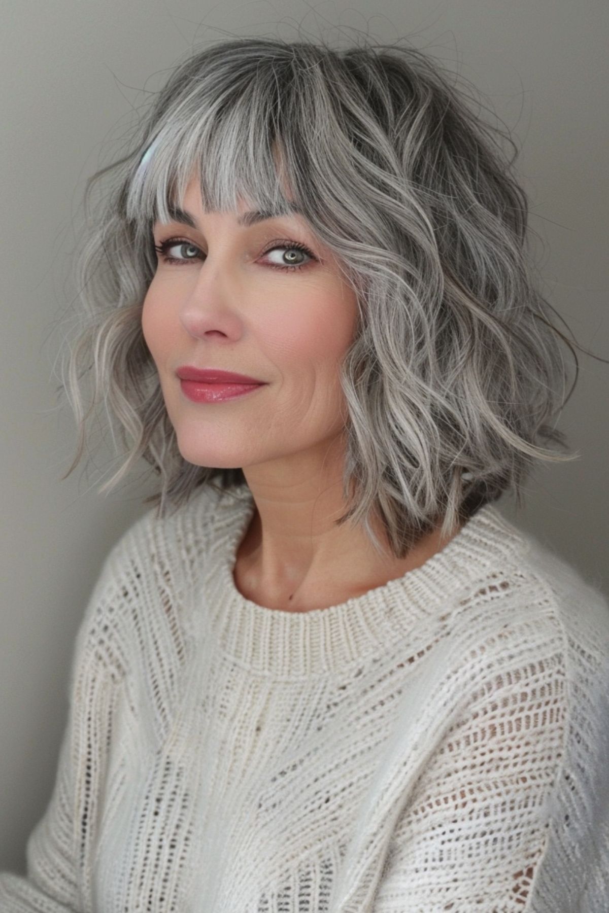 Femme avec cheveux argentés et frange rideau, longueur moyenne, lumière naturelle intérieure, portrait doux