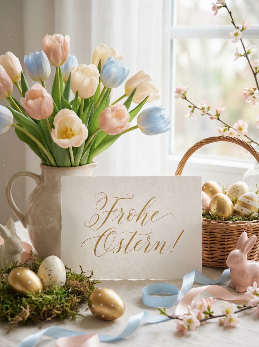 Klassische Osterkarte mit Frühlings-Tulpen, goldenen Ostereiern und dem Schriftzug Frohe Ostern.