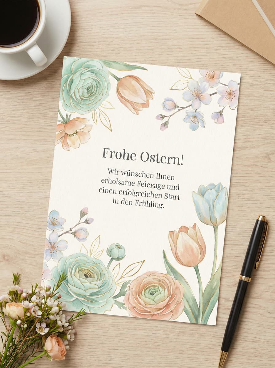 Eine elegante Osterkarte mit Aquarell-Illustrationen von Tulpen, Rosen und Kirschblüten in Pastellfarben. Die Karte liegt auf einem Holztisch, daneben eine Tasse Kaffee, ein gold-schwarzer Stift und ein Umschlag. Der Text auf der Karte lautet: Frohe Ostern! Wir wünschen Ihnen erholsame Feiertage und einen erfolgreichen Start in den Frühling.