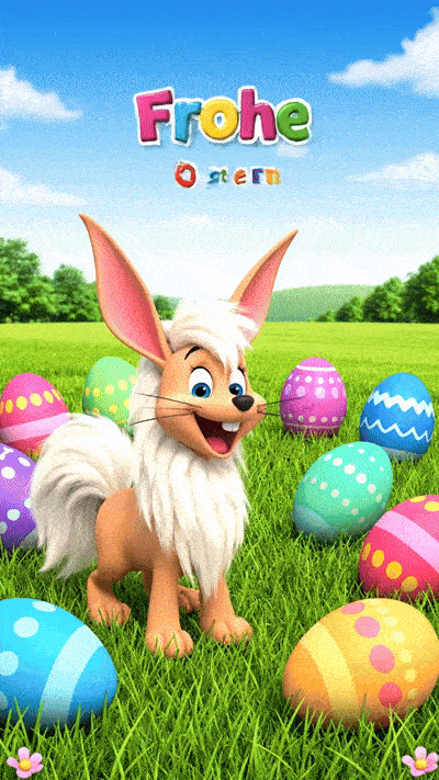 Ein animiertes GIF mit einem lachenden Osterhasen, bunten Ostereiern und hüpfenden Küken. Pastellfarben dominieren die Szene. Der Text Frohe Ostern erscheint in verspielter, bunter Schrift, begleitet von kleinen Funken.