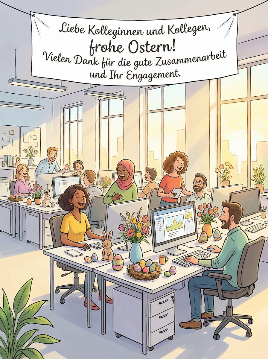 Ein helles Büro mit großen Fenstern, in dem mehrere Menschen arbeiten und miteinander sprechen. Die Schreibtische sind mit bunten Ostereiern, Hasenfiguren und Frühlingsblumen dekoriert. Ein Banner mit der Aufschrift Liebe Kolleginnen und Kollegen, frohe Ostern! Vielen Dank für die gute Zusammenarbeit und Ihr Engagement.