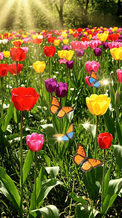 Ein sanftes GIF mit einer blühenden Frühlingswiese, bunten Tulpen und flatternden Schmetterlingen. Sonnenstrahlen fallen durch die Wolken. Der Text Frohe Ostern erscheint elegant in goldener Schrift in der Mitte.