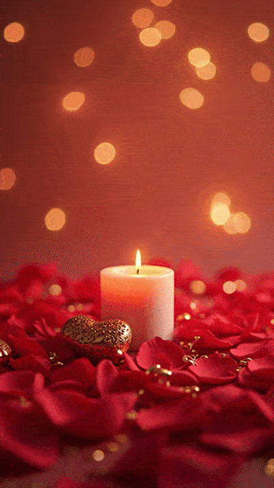 Valentinstag-GIF: 'Animiertes Bild mit einer brennenden weißen Kerze auf Rosenblättern, goldenen Herzornamenten und sanftem Bokeh-Licht. Der Text Frohen Valentinstag 2026 erscheint elegant in goldener Schrift mit sanfter Glüh-Effekt.'