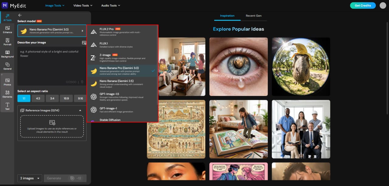 Select AI generation model in MyEdit