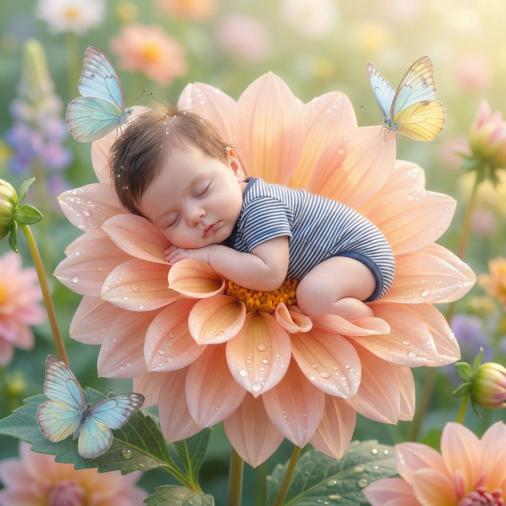 Baby sleeping in flower garden hammock