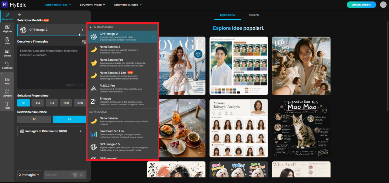 MyEdit online - selezione del modello AI