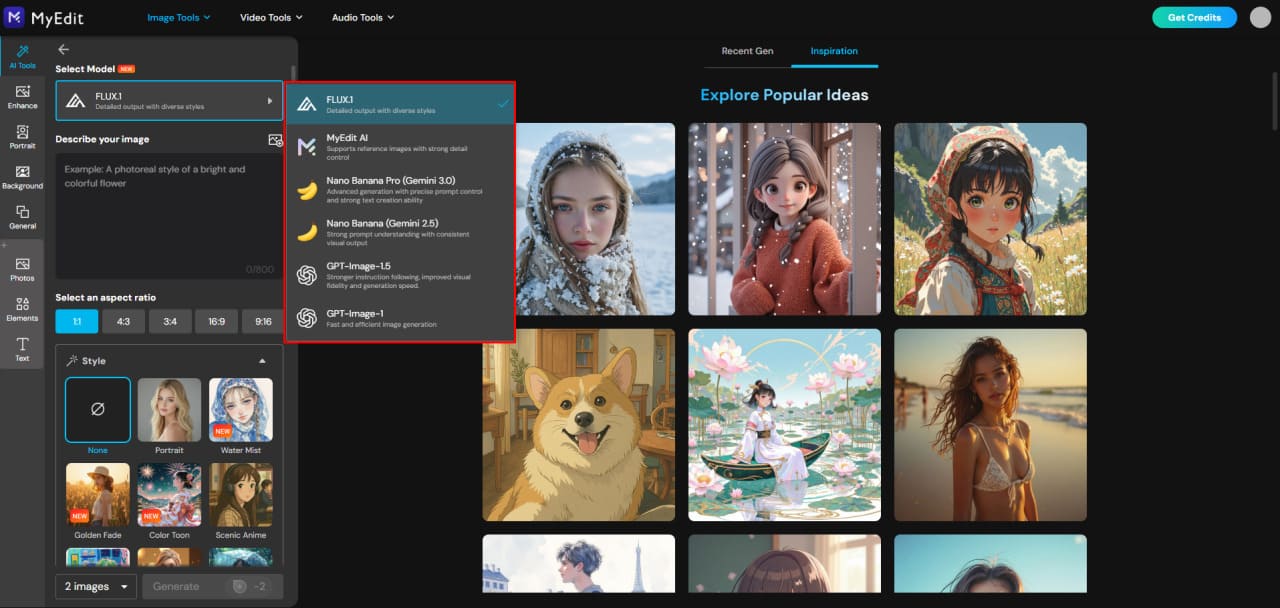 Select AI image generation model in MyEdit