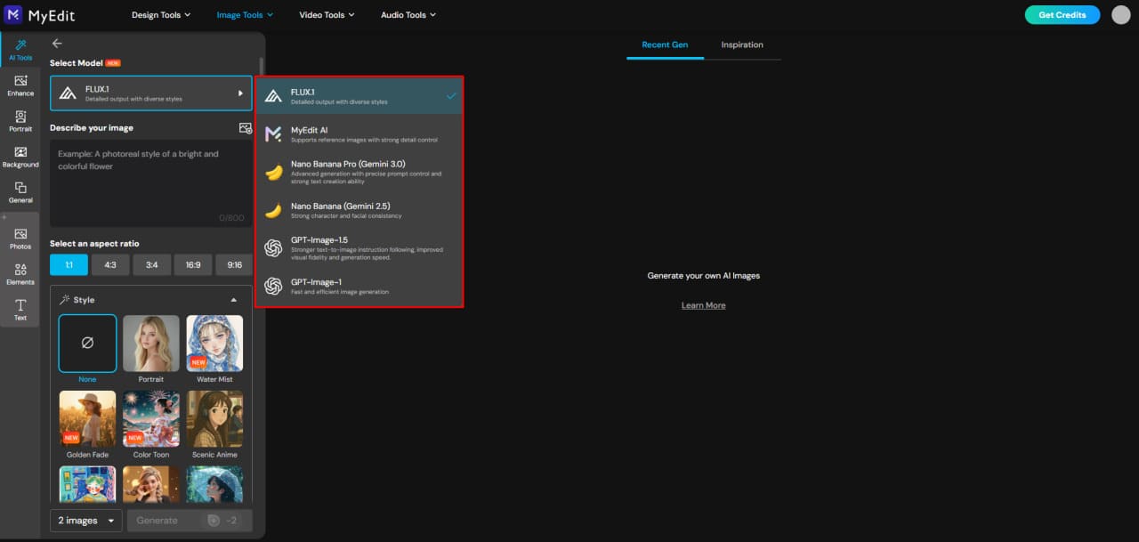 Select AI image generation model in MyEdit
