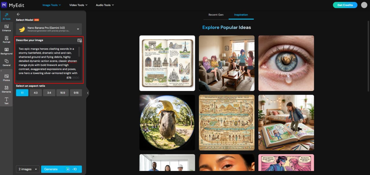 Enter AI prompt in MyEdit for anime/manga
