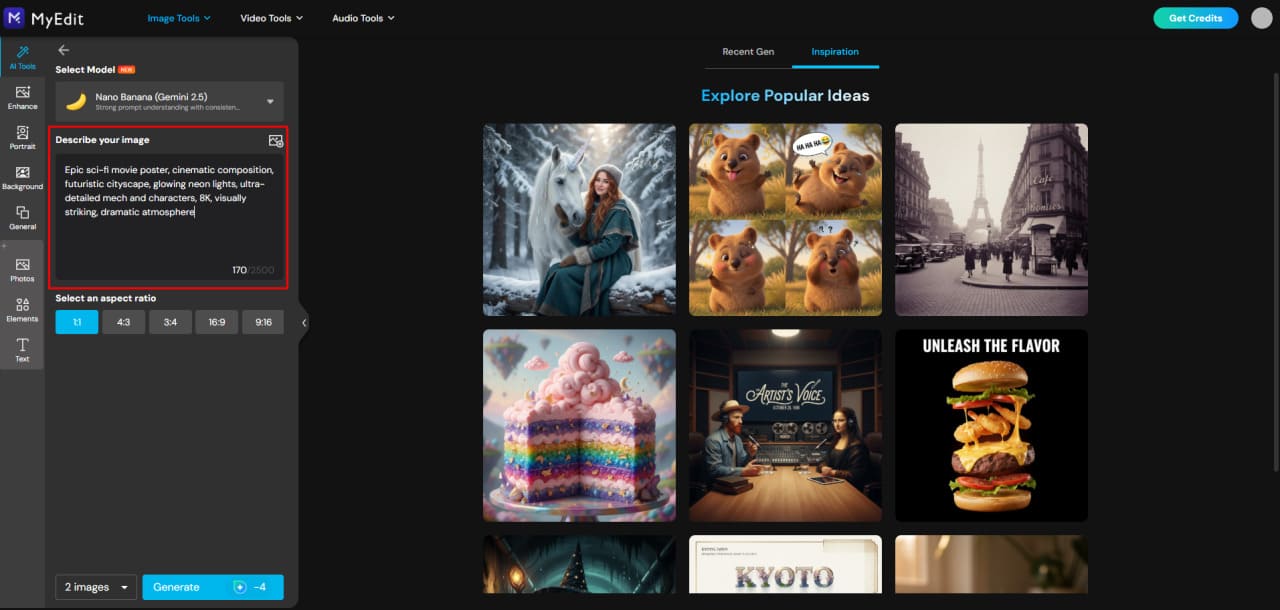 Enter AI image prompt in MyEdit