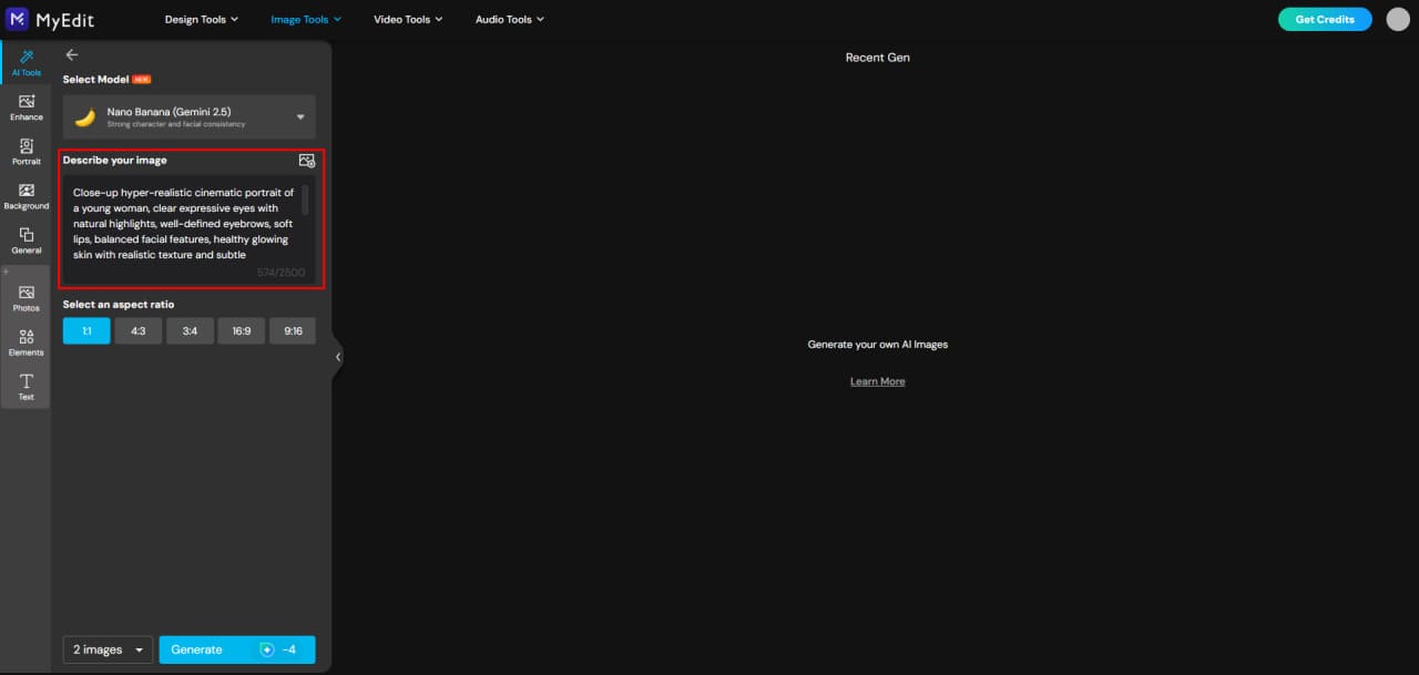 Enter AI image prompt in MyEdit