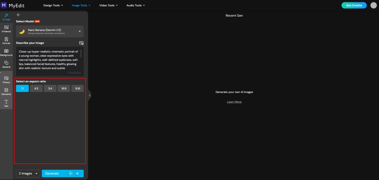 Customize AI image settings in MyEdit