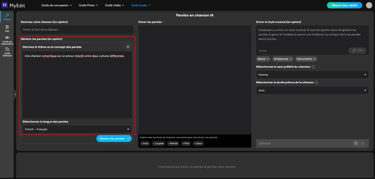Générer des paroles avec MyEdit