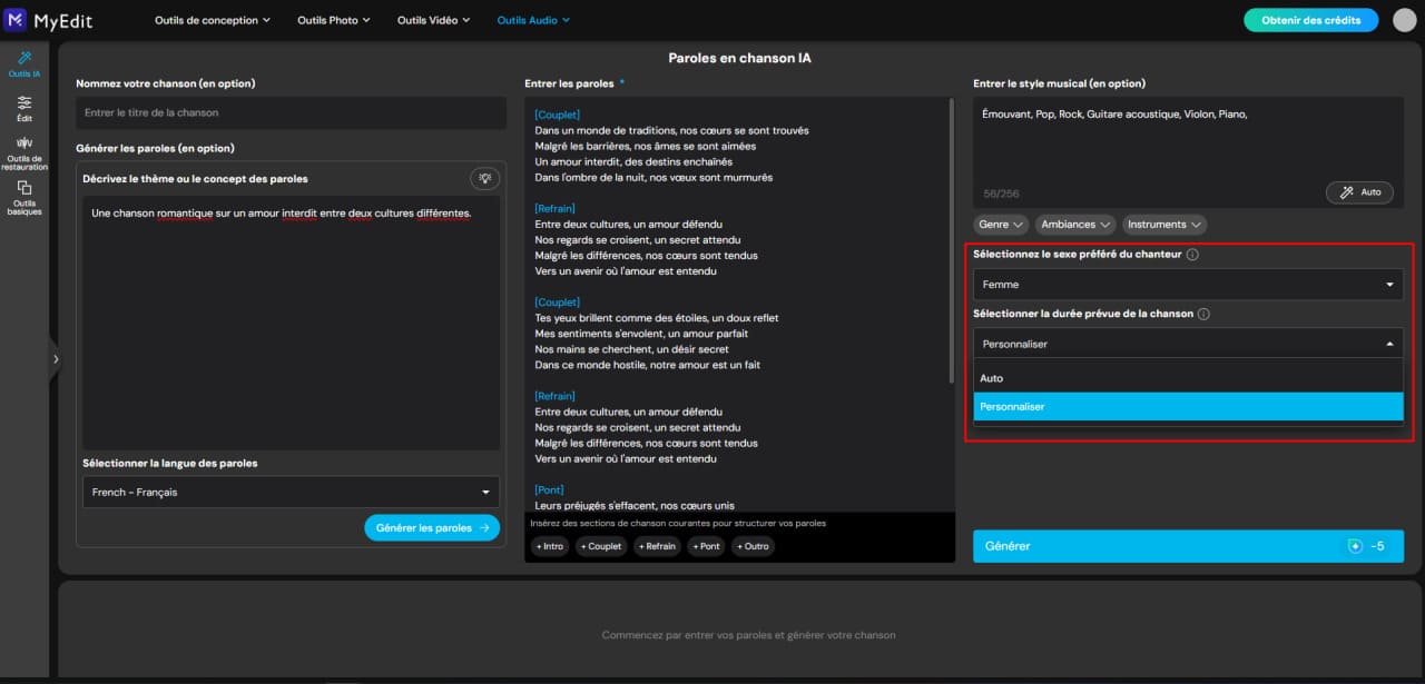 Régler la durée de la chanson avec MyEdit