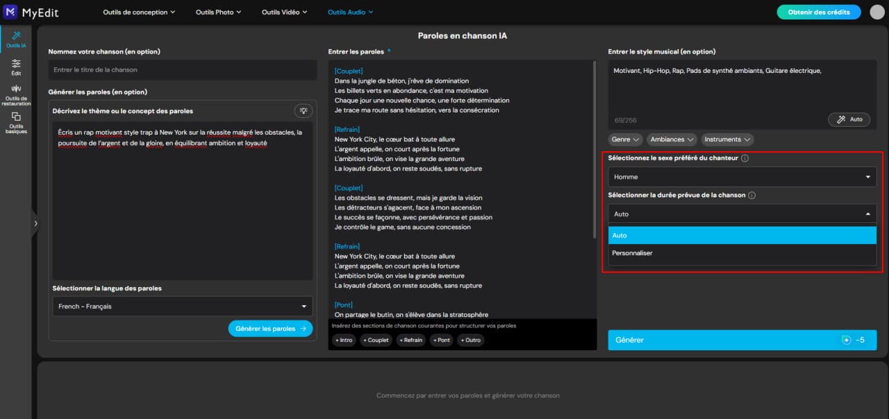 Définir la durée du morceau de rap IA