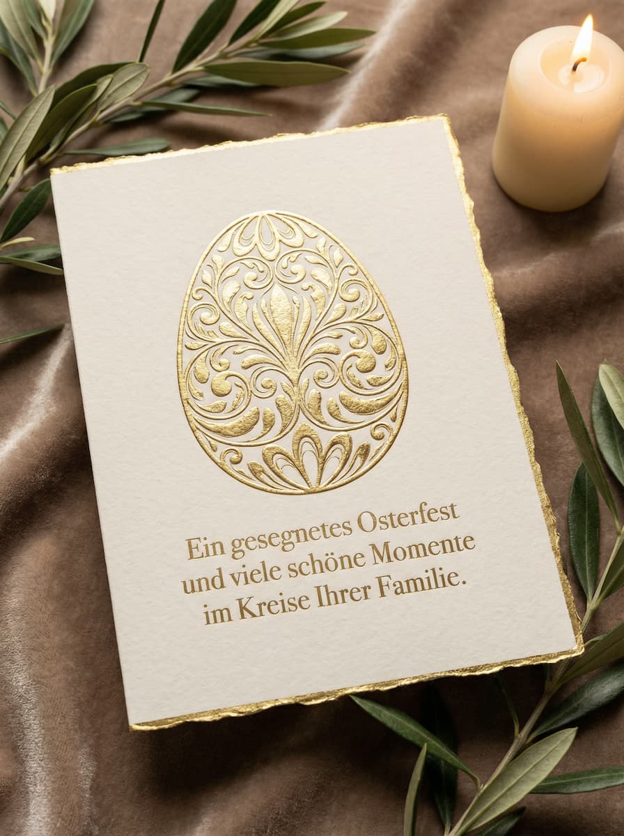 Eine festliche Osterkarte auf braunem Samt, verziert mit einem goldgeprägten Ei und floralen Mustern. Unter dem Ei steht in goldener Schrift: Ein gesegnetes Osterfest und viele schöne Momente im Kreise Ihrer Familie. Daneben liegen Olivenzweige und eine brennende Kerze.