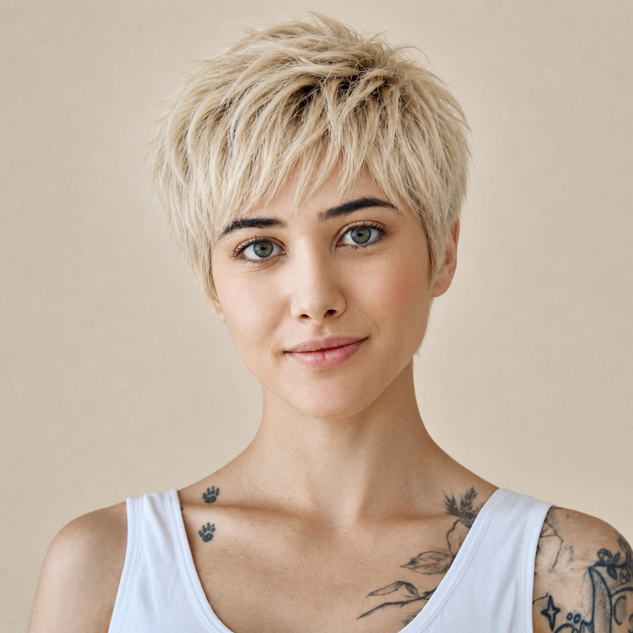 Kurzer gestufter Pixie-Cut in Platinblond mit fransenartigem Pony