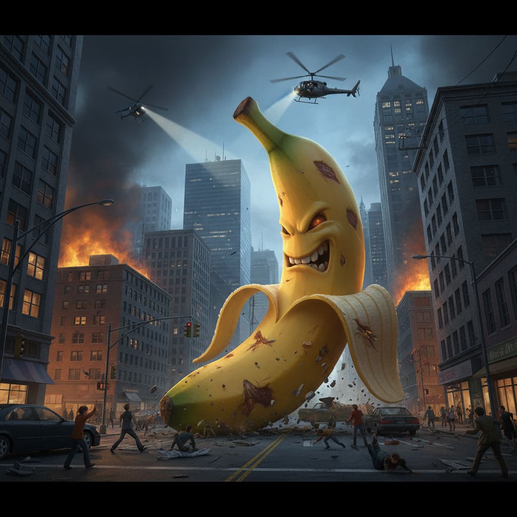 KI-Bild einer Riesenbanane, die eine Stadt angreift