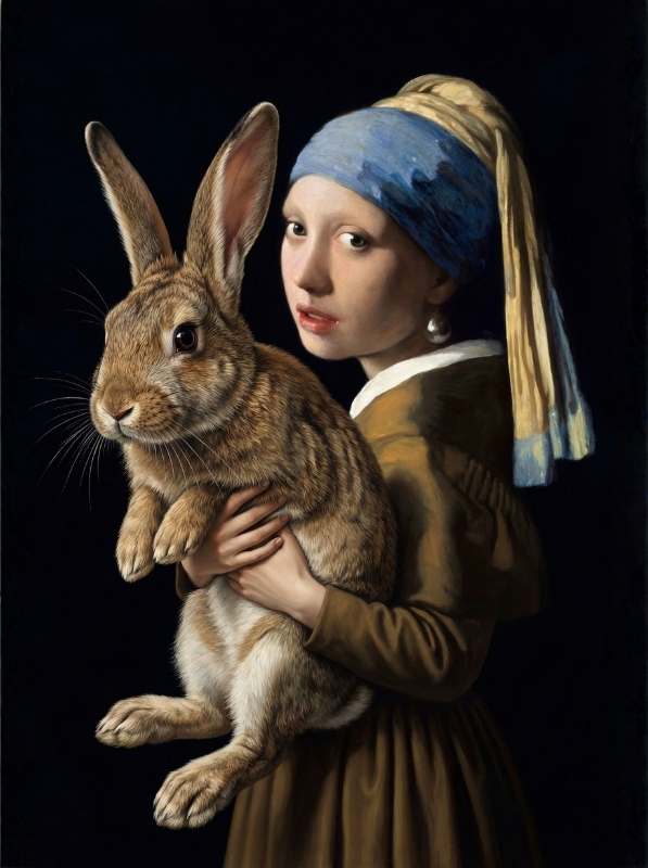 a woman holding a giant bunny