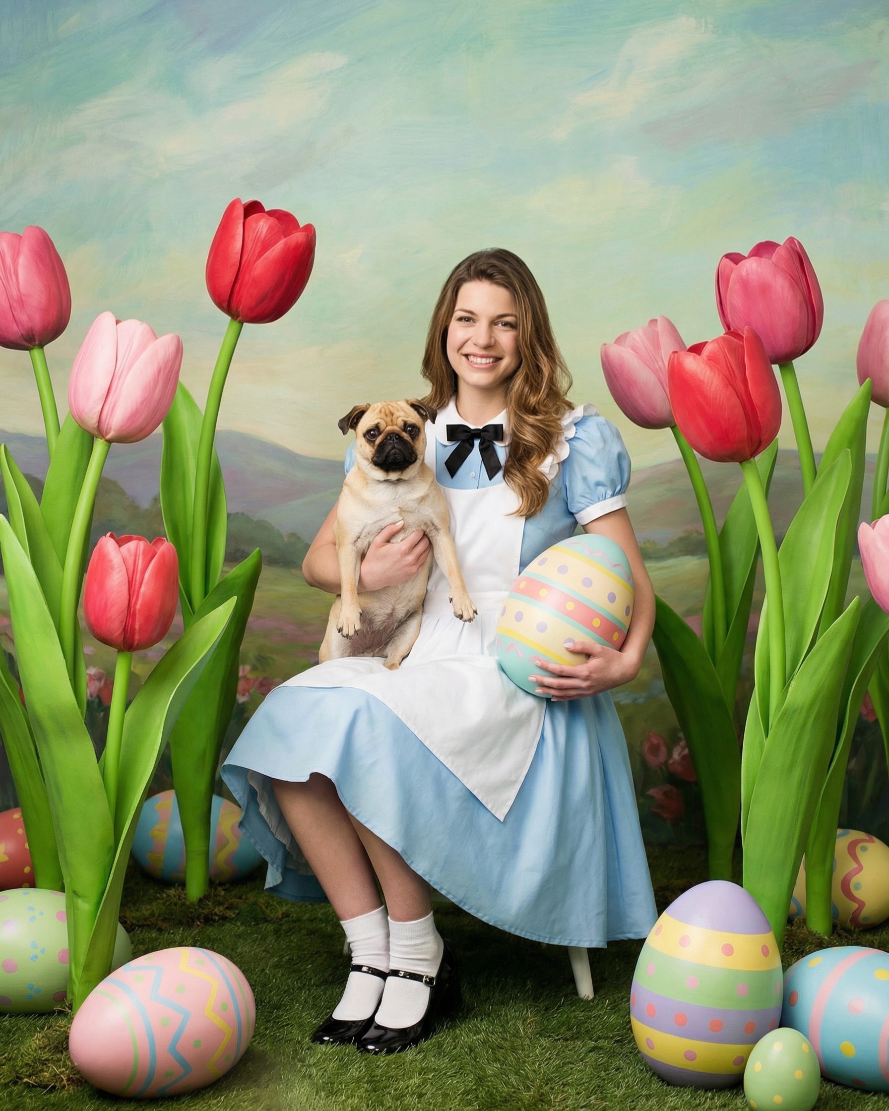 A woman in an Alice-style dress holding a pug, standing next to giant tulips and a large Easter egg.