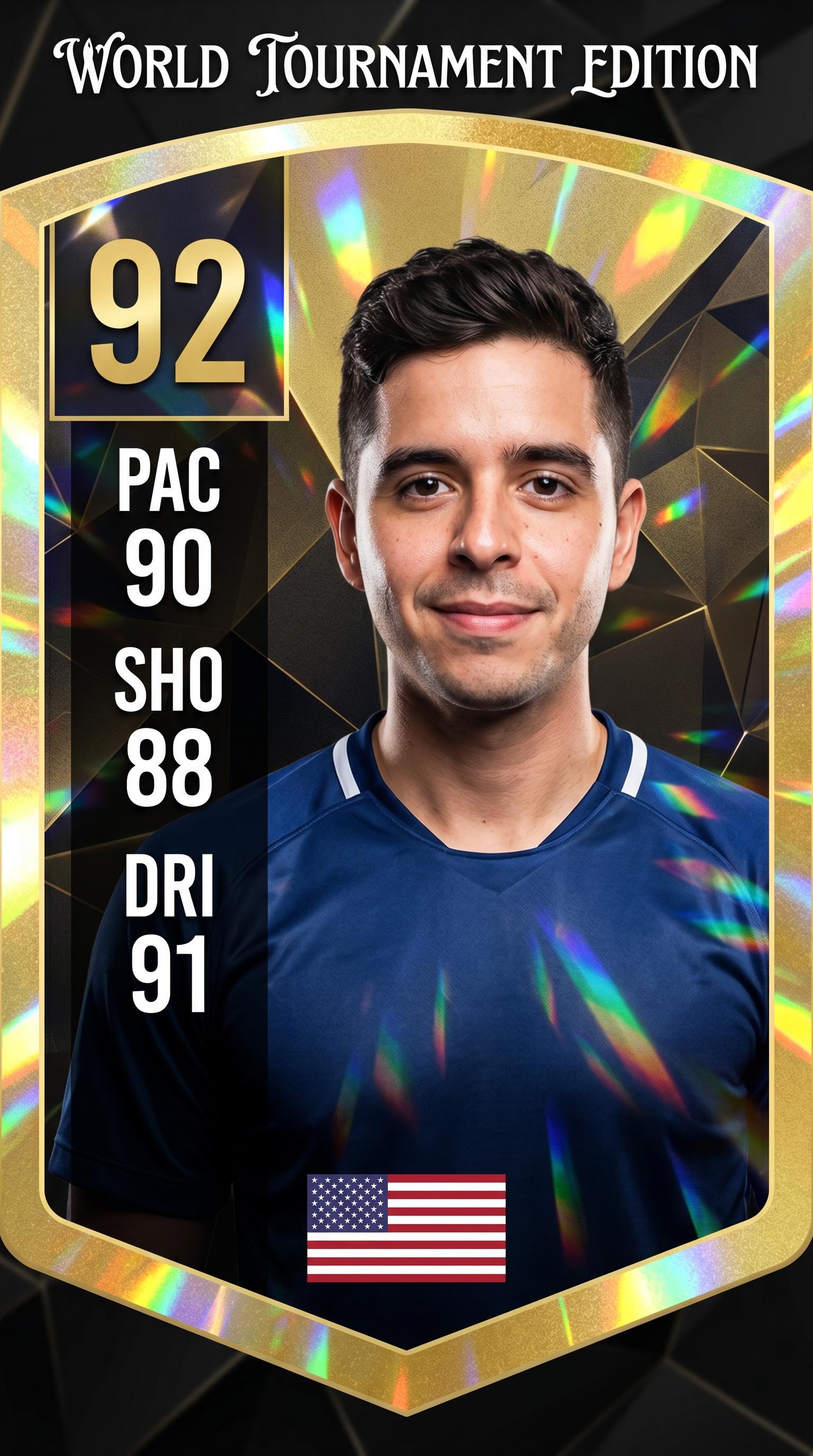 Gold rated world cup football card with player photo, AI generated