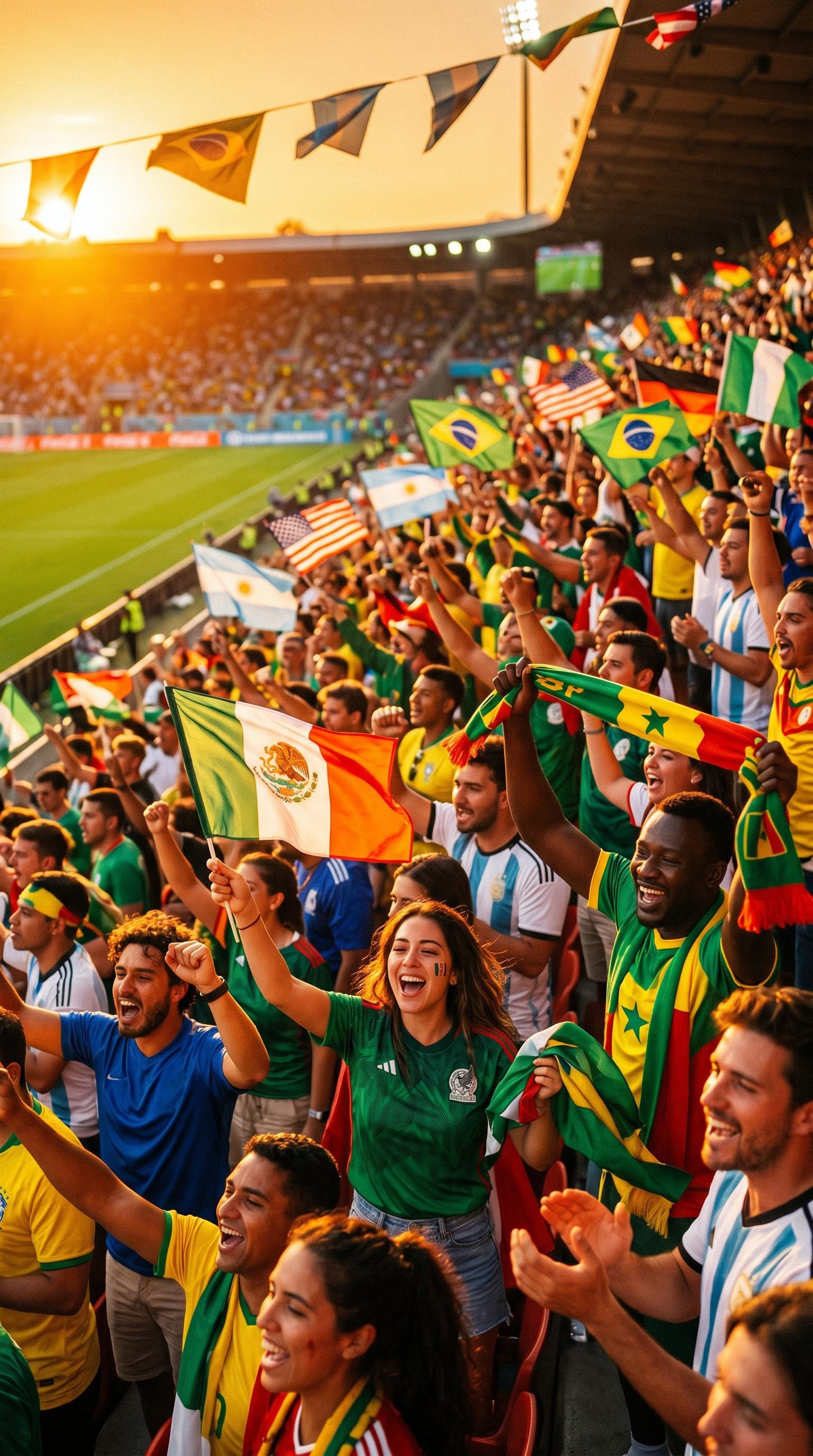 Golden hour photo of fans in the stands at the World Cup, AI generated
