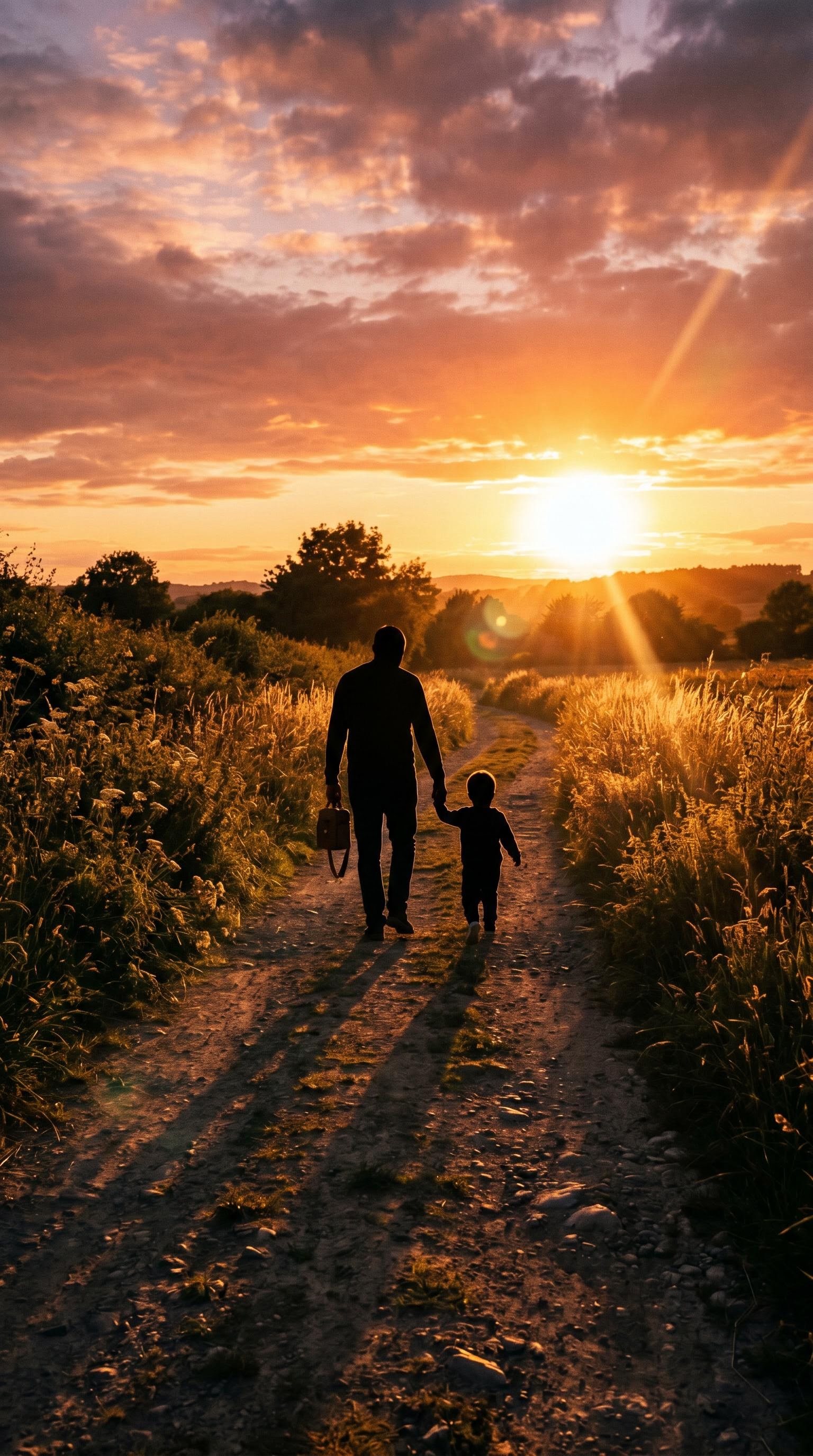 Silhouettes père-enfant en golden hour pour la fête des pères, générée par IA