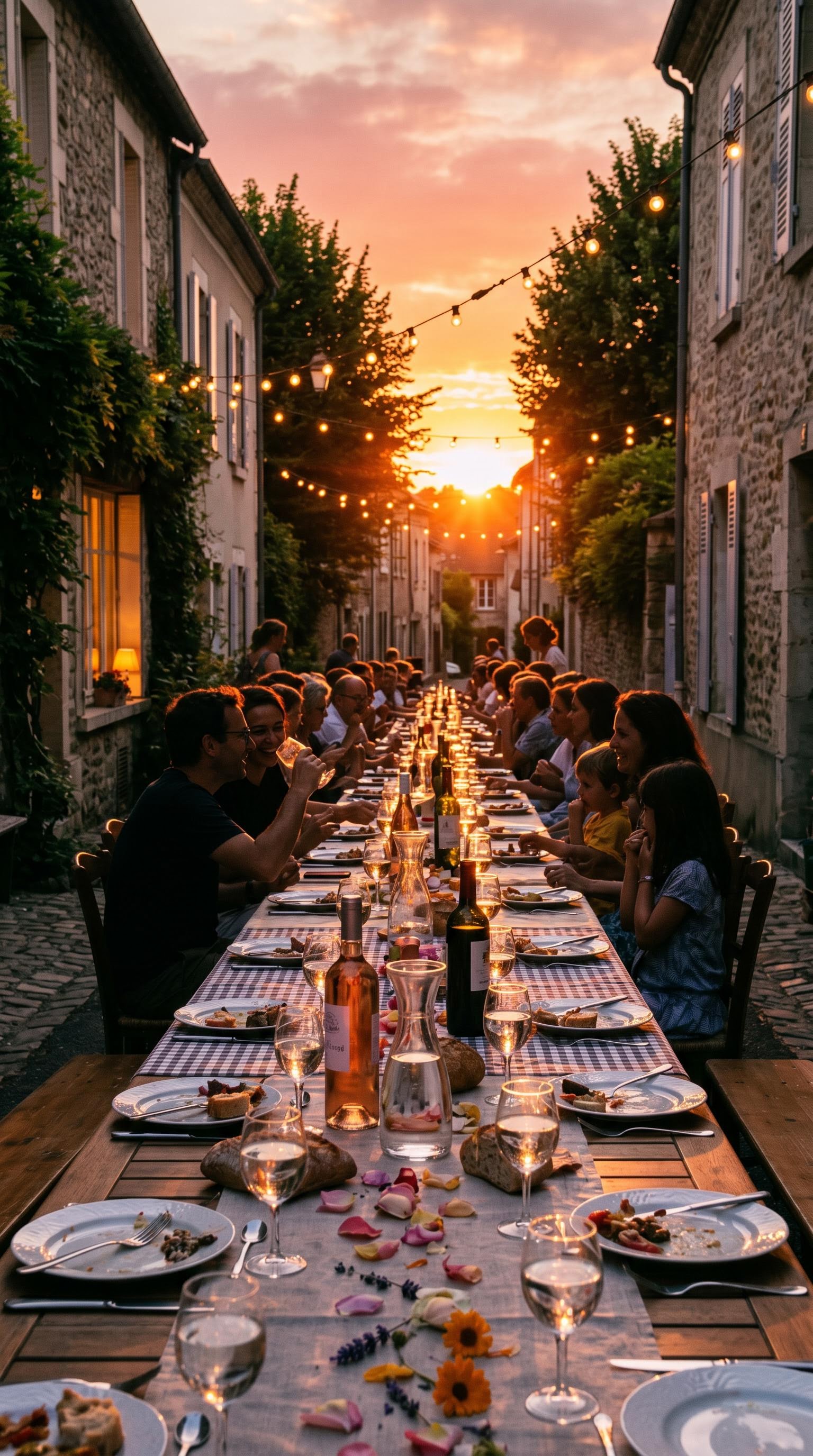 Tables de la fête des voisins photographiées au coucher du soleil en golden hour, générée par IA