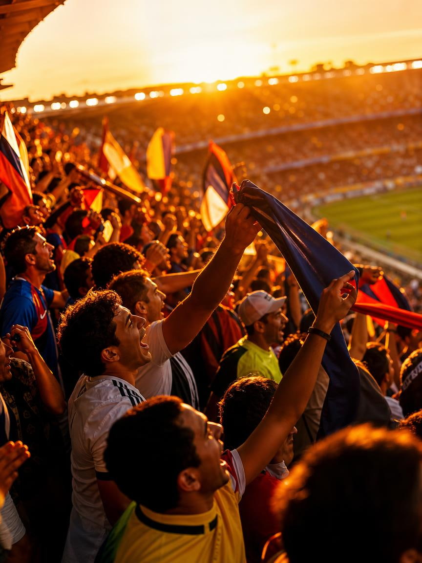 Foto golden hour de hinchas en la tribuna durante el Mundial 2026, generada con IA