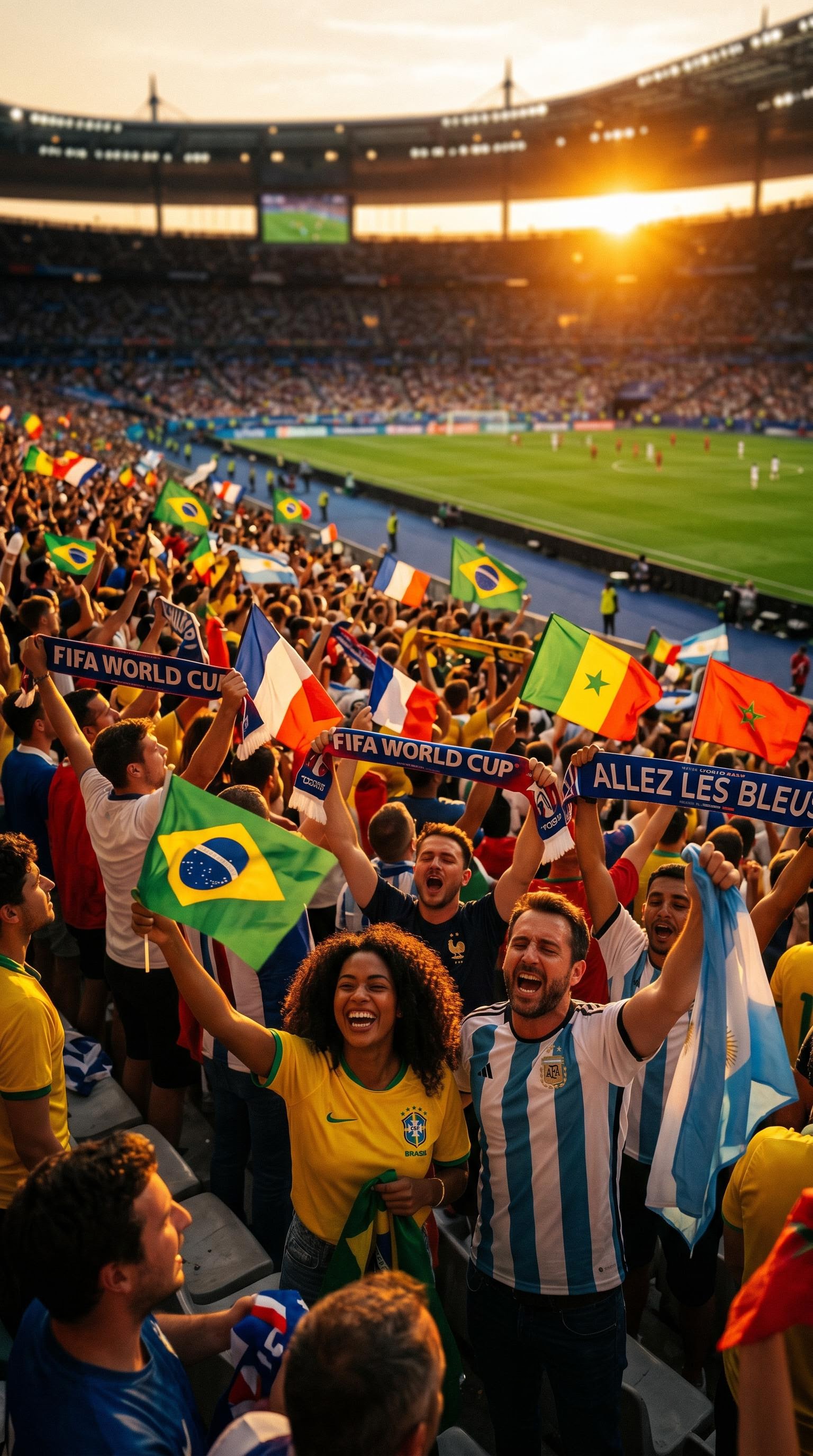 Photo golden hour de supporters en tribune pour la coupe du monde, générée par IA