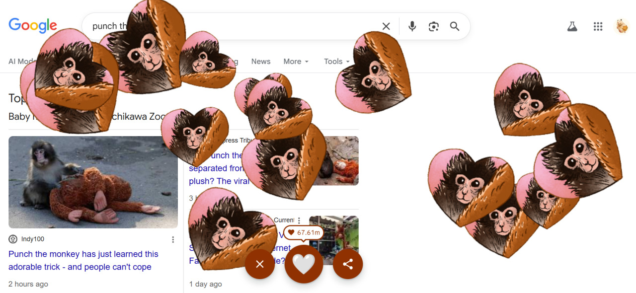 Screenshot of the easter egg that appears when typing Punch the monkey into Google